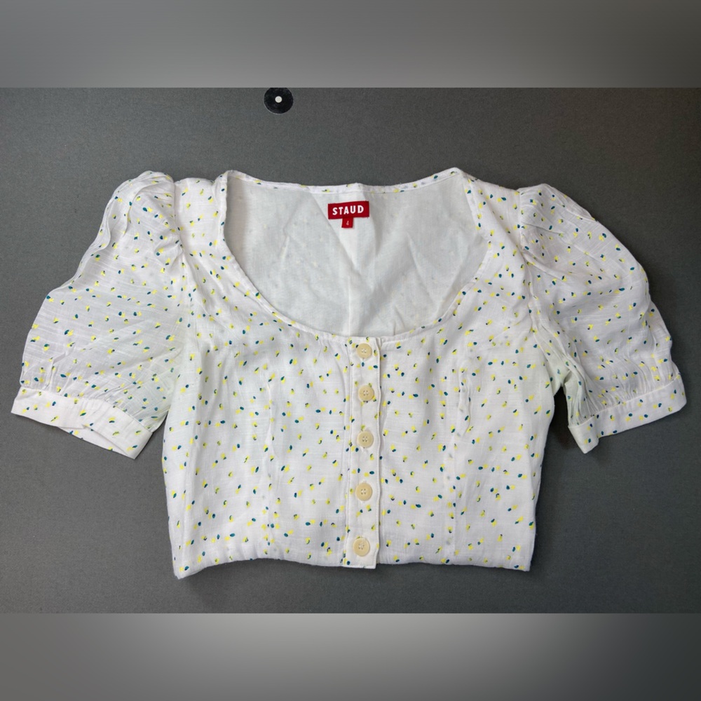 STAUD Floral Crop Top Scoop Neck white Yellow Blue Dot Size 4